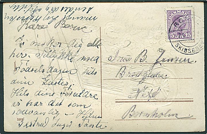 15 øre Chr. X på brevkort annulleret med skibsstempel Rønne Skibsbrev d. 7.4.1920 til Neksø.