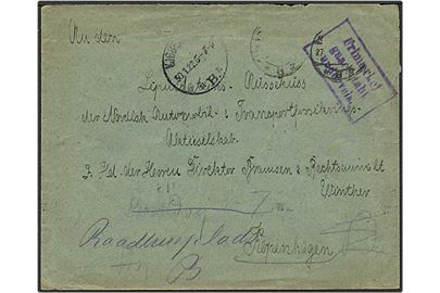 Brev uden frimærke fra Berlin, Tyskland, til København d. 30.1.1922. Rammestempel med Frimærket gaaet tabt undervejs.