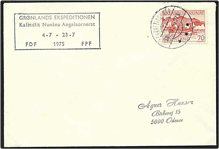 70 øre rød postbefordring på brev fra Grønlands Ekspeditionen d. 19.1.1975 til Odense