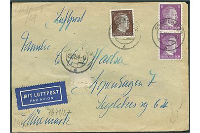 6 pfg. (par) og 10 pfg. Hitler på luftpostbrev fra Oranienburg d. 20.12.1944 til København, Danmark. Åbnet af tysk censur i Berlin.