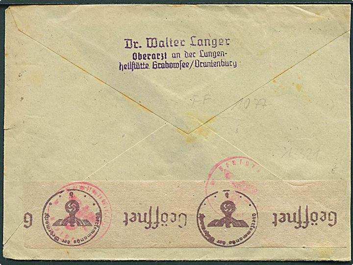 6 pfg. (par) og 10 pfg. Hitler på luftpostbrev fra Oranienburg d. 20.12.1944 til København, Danmark. Åbnet af tysk censur i Berlin.