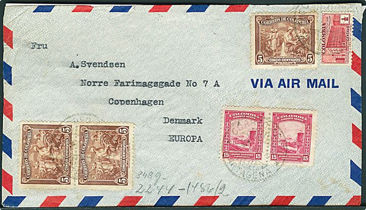 Blandingsfrankeret luftpostbrev fra Cartagena 1941 til København, Danmark. Åbnet af tysk censur i Frankfurt.