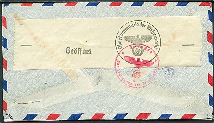 Blandingsfrankeret luftpostbrev fra Cartagena 1941 til København, Danmark. Åbnet af tysk censur i Frankfurt.