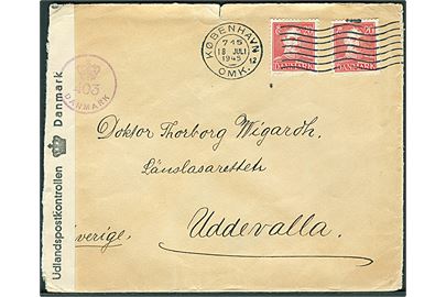 20 øre Chr. X (2) på brev fra København d. 18.7.1945 til Uddevalla. Åbnet af dansk efterkrigscensur (krone)/403/Danmark. Bagklap mgl.