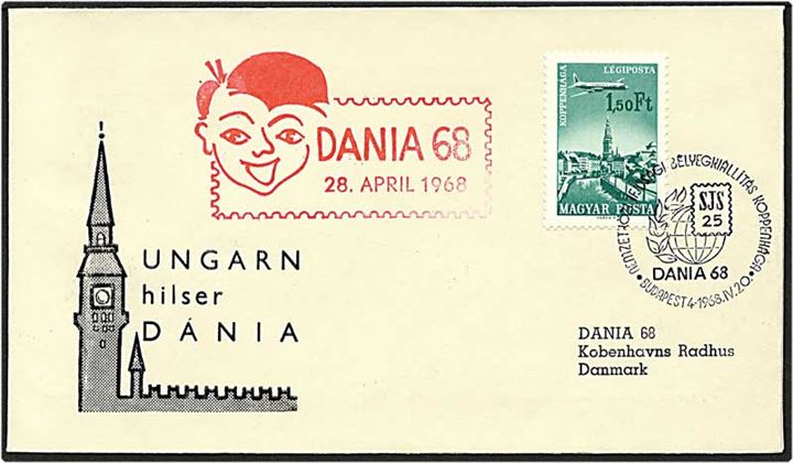 1,50 Ft. grøn på brev fra Budapest, Ungarn, d. 24.4.1968 til København.