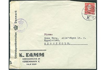 20 øre Chr. X på brev fra København d. 16.7.1945 til Stockholm, Sverige. Åbnet af dansk efterkrigscensur (krone)/305/Danmark.