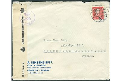 20 øre Chr. X på brev fra København d. 22.6.1945 til Stockholm, Sverige. Åbnet af dansk efterkrigscensur (krone)/390/Danmark.