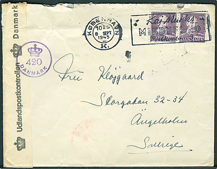 10 øre Chr. X i parstykke på brev fra København d. 8.9.1945 til Ängelholm, Sverige. Åbnet af dansk efterkrigscensur (krone)/420/Danmark.