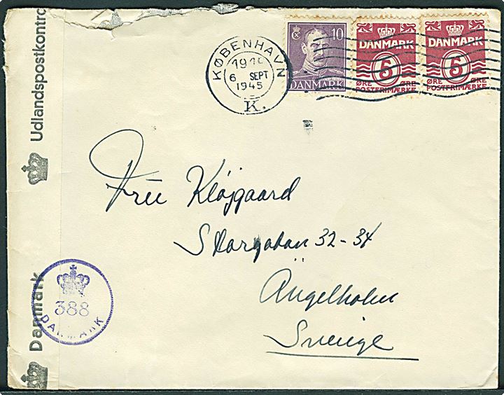 5 øre Bølgelinie (2) og 10 øre Chr. X på brev fra København d. 6.9.1945 til Ängelholm, Sverige. Åbnet af dansk efterkrigscensur (krone)/388/Danmark.