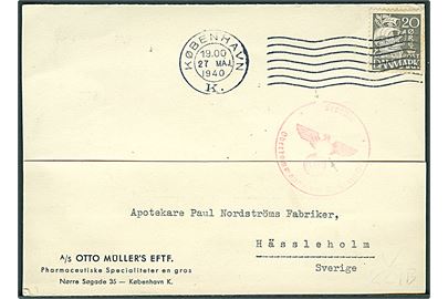 20 øre Karavel på brevkort fra København d. 27.5.1940 til Hässleholm, Sverige. Passér stemplet ved den tyske censur.