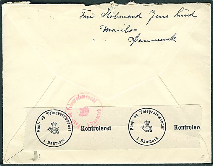 20 øre Karavel på brev fra Maribo d. 4.1.1943 til Göteborg, Sverige. Åbnet af dansk censur med spor efter etiket vedr. særlig kontrol. Indhold kemisk censureret og indlagt lille fotografi.