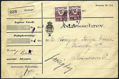 15 øre brunlilla bølgelinie på adressebrev fra Helsinge d. 19.7.1914 til København.