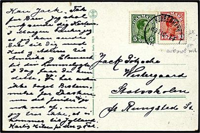 5 øre grøn, automat skåret, og 10 øre rød Chr. X på postkort fra København d. 16.3.1921 til Rungsted. 