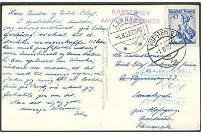 1,50 s. Folkedragt på brevkort fra Kufstein d. 1.8.1952 til Højbjerg pr. Aarhus. Eftersendt til Venø pr. Struer. Violet: Kassebrev Aarhus Postkontor.