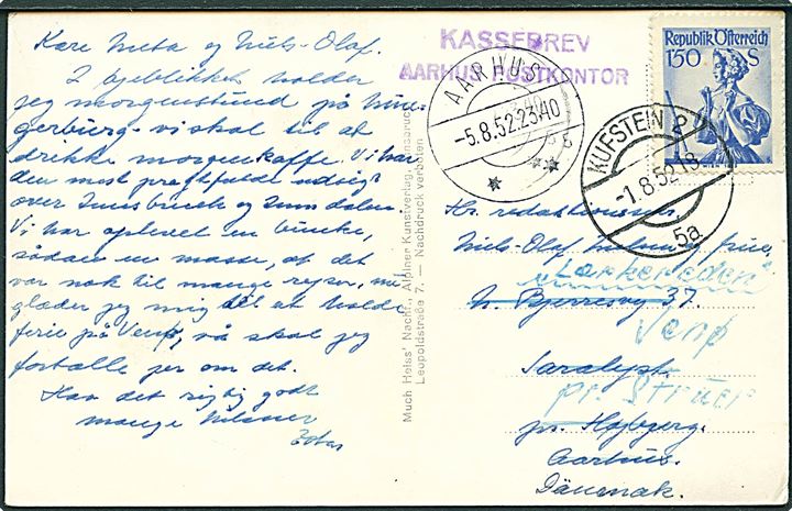 1,50 s. Folkedragt på brevkort fra Kufstein d. 1.8.1952 til Højbjerg pr. Aarhus. Eftersendt til Venø pr. Struer. Violet: Kassebrev Aarhus Postkontor.