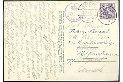 10 öre Gustaf på brevkort fra Borgholm d. 27.7.1945 til Aalsgaarde, Danmark - eftersendt til København. Dansk efterkrigscensur (krone)/328/Danmark.