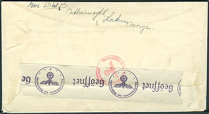 10 øre V Provisorium i parstykke på brev fra Horten d. 10.11.1941 til Kerteminde, Danmark. Åbnet af tysk censur i Oslo.