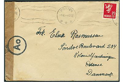 20 øre Løve på brev fra Horten d. 1.12.1944 til Odense, Danmark. Åbnet af tysk censur i Oslo.