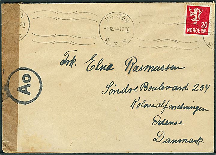 20 øre Løve på brev fra Horten d. 1.12.1944 til Odense, Danmark. Åbnet af tysk censur i Oslo.