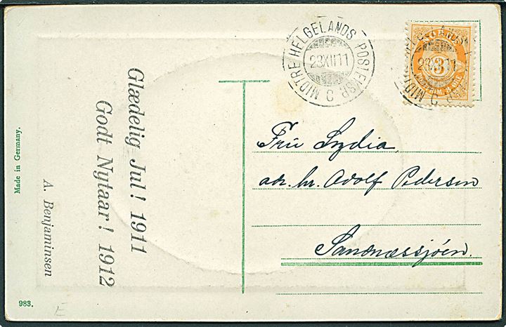 3 øre Posthorn på nytårskort annulleret med sejlende bureaustempel Midtre Helgelands Posteksped. C d. 23.12.1911 til Sandnæssjöen.