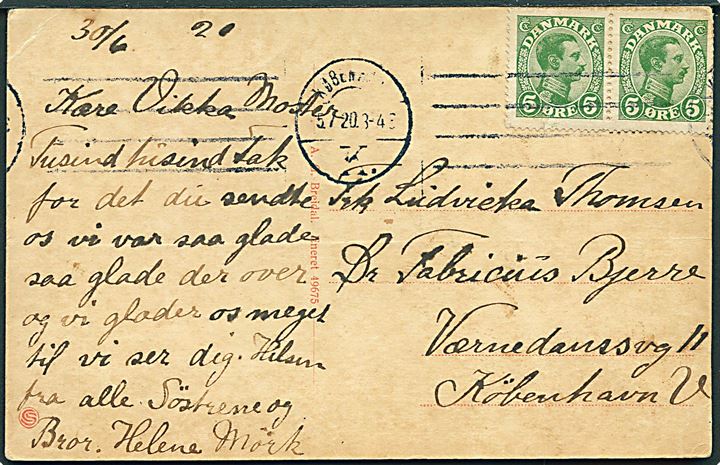 5 øre Chr. X i parstykke på brevkort (Parti fra Skuö) dateret d. 30.6.1920 og stemplet Kjøbenhavn d. 5.7.1920 til København. Uden skibsstempel.