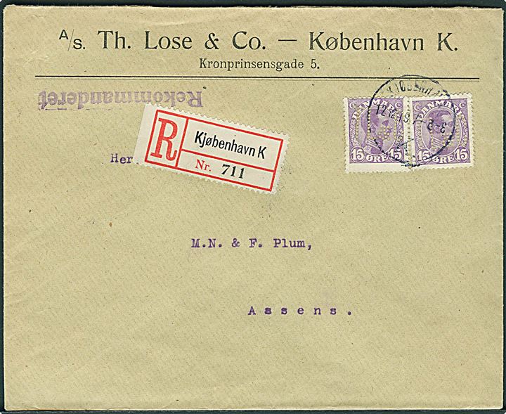 15 øre Chr. X (2) med perfin TL&C på firmakuvert fra A/S Th. Lose & Co. sendt anbefalet fra Kjøbenhavn d. 12.12.1919 til Assens.