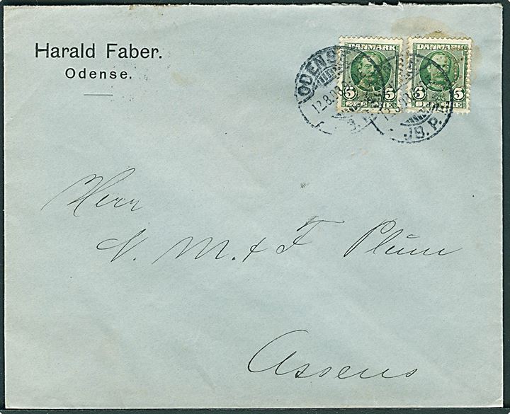 5 øre Fr. VIII (2) med perfin TG (Adolf Trier & Goldschmidt) på firmakuvert fra Harald Faber i Odense d. 12.8.1908 til Assens.