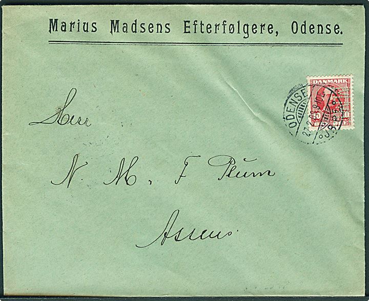 10 øre Fr. VIII med perfin M.M.E. på firmakuvert fra Marius Madsens Efterfølgere i Odense d. 27.2.1909 til Assens.