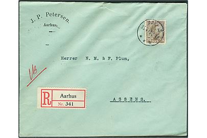 25 øre Chr. X med perfin I.P.P. på firmakuvert fra J.P.Petersen sendt anbefalet fra Aarhus d. 15.4.1919 til Assens.