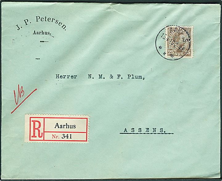 25 øre Chr. X med perfin I.P.P. på firmakuvert fra J.P.Petersen sendt anbefalet fra Aarhus d. 15.4.1919 til Assens.