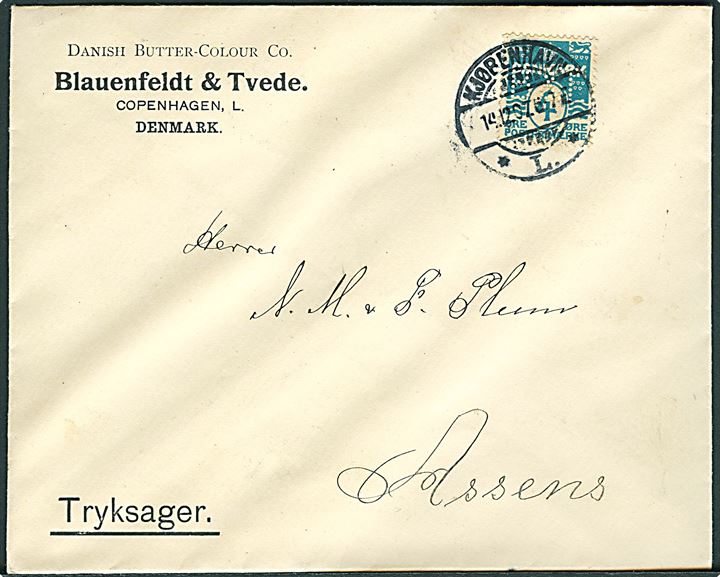4 øre Bølgelinie med perfin B. & T. på firmakuvert fra Danish Butter-Colour Co. / Blauenfeldt & Tvede sendt som tryksag fra Kjøbenhavn d. 14.12.1907 til Assens. 