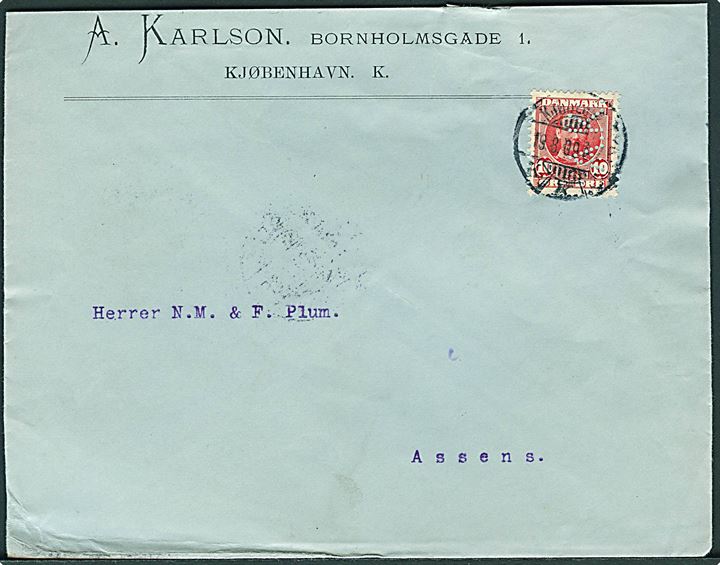 10 øre Fr. VIII med perfin A.K. på firmakuvert fra A. Karlson i Kjøbenhavn d. 19.8.1909 til Assens.