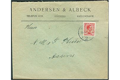 10 øre Chr. X med perfin A&A på firmakuvert fra Andersen & Albeck i Kjøbenhavn d. 26.8.1919 til Assens.