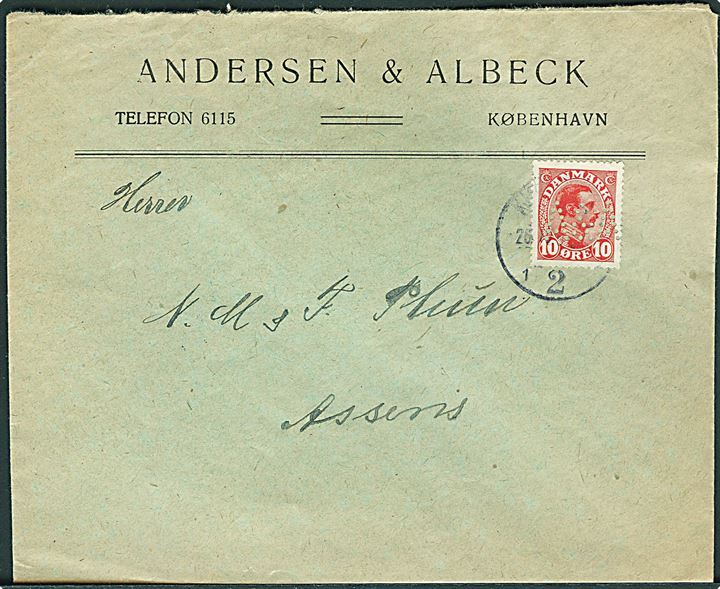 10 øre Chr. X med perfin A&A på firmakuvert fra Andersen & Albeck i Kjøbenhavn d. 26.8.1919 til Assens.