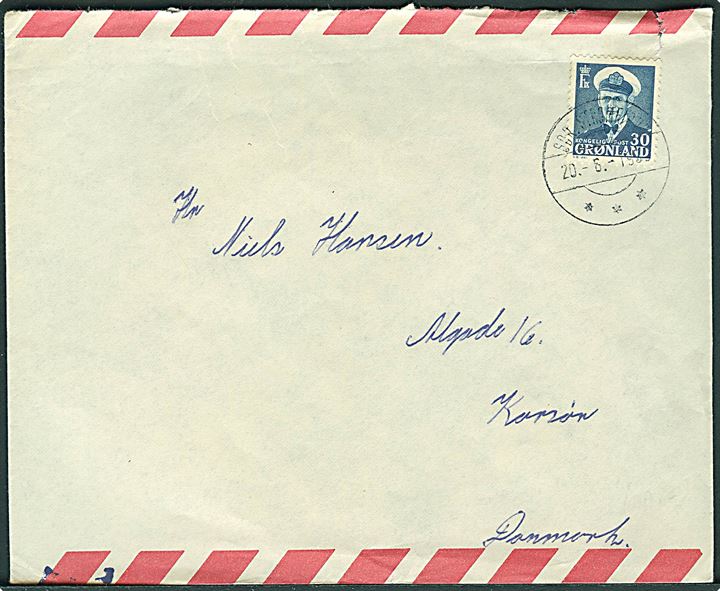 30 øre Fr. IX på brev fra Sdr. Strømfjord d. 20.5.1959 til Korsør. Fra sømand ombord på M/S Thora Dan.