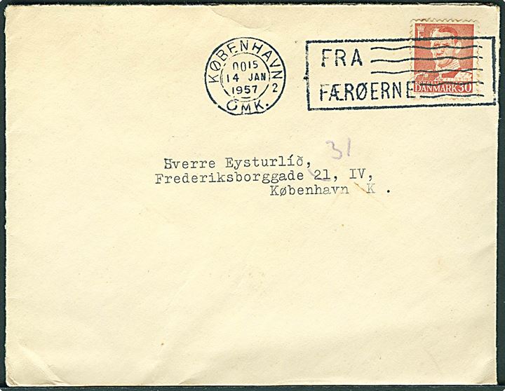 30 øre Fr. IX på brev annulleret med skibs TMS København OMK. 2 / Fra Færøerne d. 14.1.1957 til København.