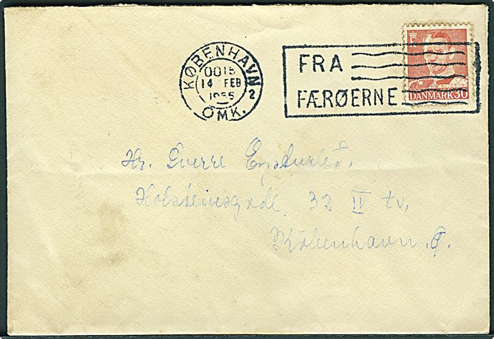 30 øre Fr. IX på brev annulleret med skibs TMS København OMK. 2 / Fra Færøerne d. 14.2.1955 til København.