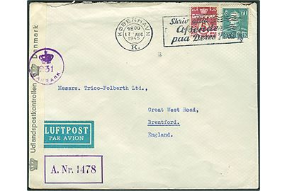 5 øre Bølgelinie og 60 øre Chr. X på luftpostbrev fra 17.8.1945 til Brentford, England. Violet licens-nr.: A. Nr. 1478. Åbnet af dansk efterkrigscensur (krone)/231/Danmark.