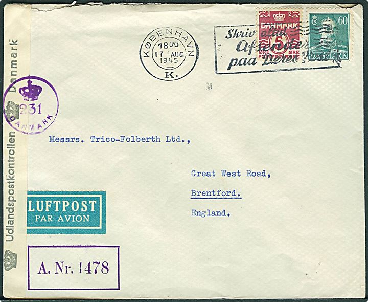 5 øre Bølgelinie og 60 øre Chr. X på luftpostbrev fra 17.8.1945 til Brentford, England. Violet licens-nr.: A. Nr. 1478. Åbnet af dansk efterkrigscensur (krone)/231/Danmark.