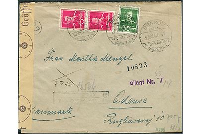 40 lei blandingsfrankeret anbefalet brev fra Brassov d. 25.3.1942 til Odense, Danmark. Lokal censur og åbnet af tysk censur i Wien. Ank. stemplet i Odense d. 6.4.1942.
