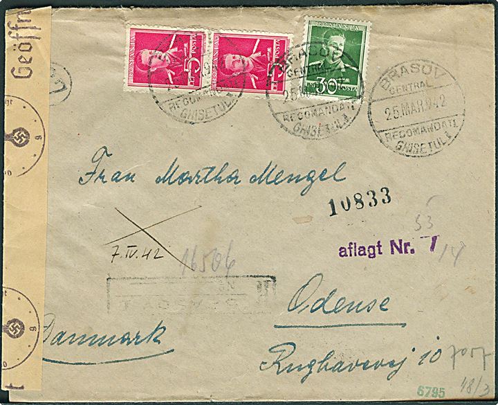 40 lei blandingsfrankeret anbefalet brev fra Brassov d. 25.3.1942 til Odense, Danmark. Lokal censur og åbnet af tysk censur i Wien. Ank. stemplet i Odense d. 6.4.1942.