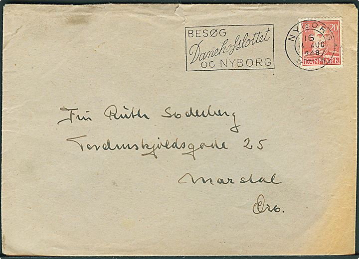 20 øre Chr. X på brev fra Nyborg d. 14.8.1948 til Marstal. Fra Svitzers bjergningsfartøj S/S Ægir.
