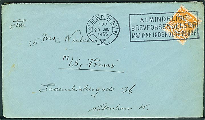 10 øre Bølgelinie på brev fra København d. 20.7.1935 til M/S Frem via rederi adresse i København.