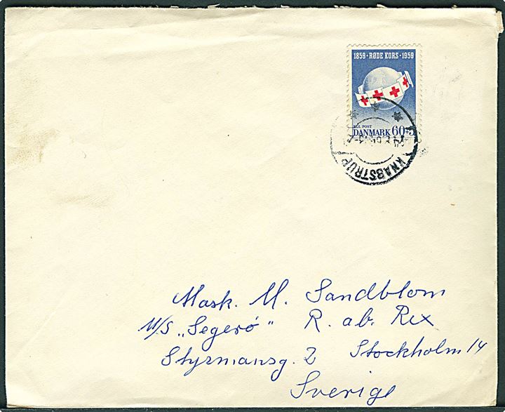 60+5 øre Røde Kors på brev fra Knabstrup d. 14.8.196x til sømand ombord på M/S Segerö i Stockholm, Sverige.