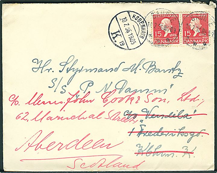 15 øre H.C.Andersen i parstykke på brev fra Saunte d. 10.7.1936 til sømand ombord på S/S P.N.Damm via rederiet Vendia i København - eftersendt til Aberdeen, Scotland.