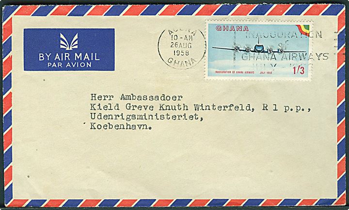 1'3 sh. Ghana Airways single på luftpostbrev fra Accra d. 26.8.1958 til Udenrigsministeriet i København, Danmark.