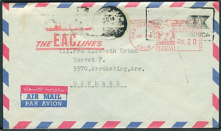 20 c. firmafranko The EAC Lines på luftpostbrev fra San Francisco d. 3.7.1968 til Ærøskøbing, Danmark. Fra sømand ombord på M/S Jeppesen Mærsk.