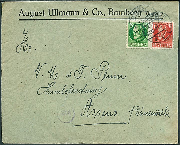 5 pfg. og 15 pfg. Ludwig III på brev fra Bamberg d. 28.2.1919 til Assens, Danmark.