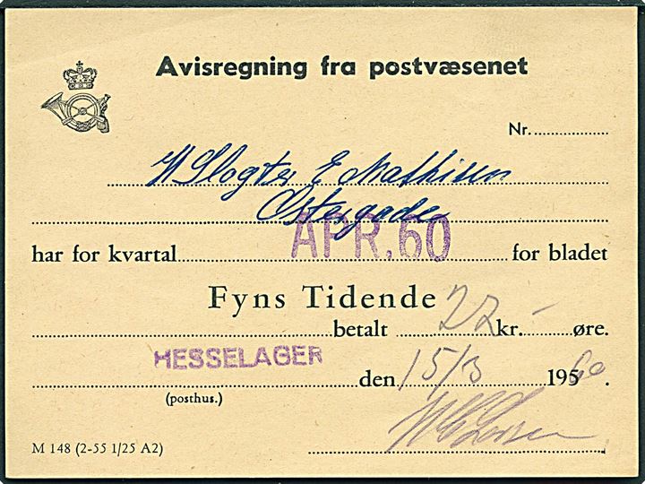 Avisregning fra postvæsenet M148 (2-55 1/25 A2) fra Hesselager d. 15.3.1960.