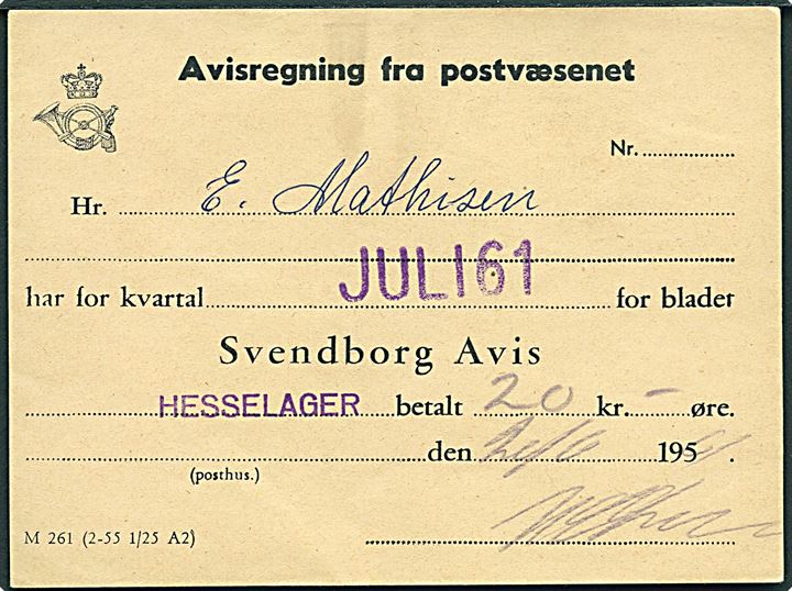 Avisregning fra postvæsenet M261 (2-55 1/25 A2) fra Hesselager d. 20.6.1961.